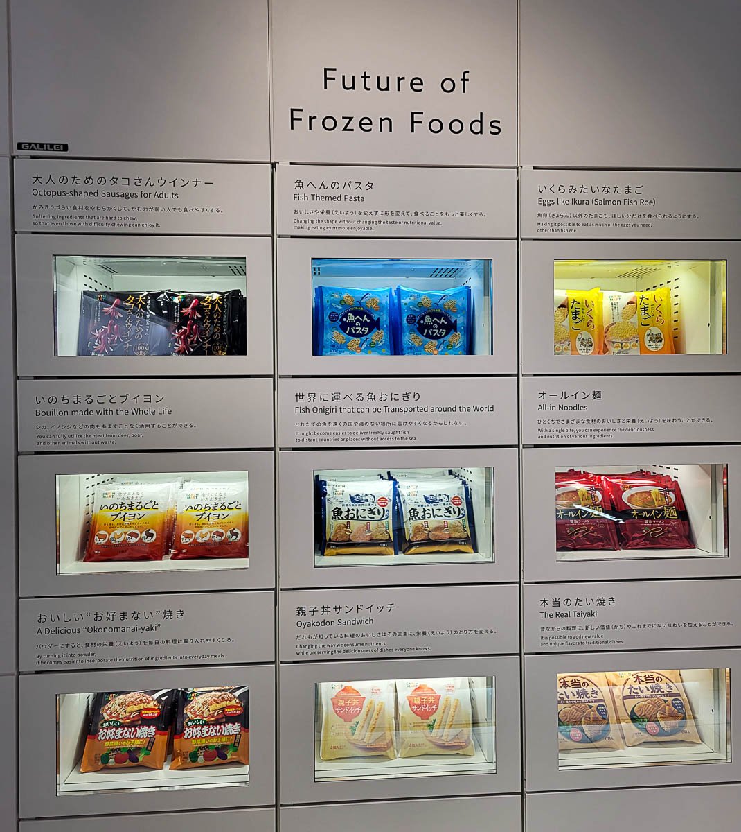 Prototipos de alimentos congelados del futuro: desde salchichas blandas con forma de pulpo, caldos elaborados con las partes del animal, huevos de salmón y fideos todo en uno que concentran una variedad de nutrientes. 